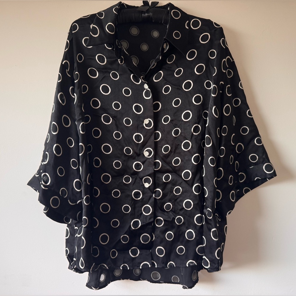 AUM Black Sheer Button-Up Blouse with White Circle Print